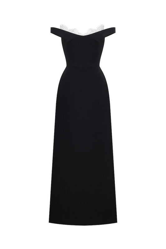 BLACK OFF SHOULDER LACE DETAIL MIDI DRESS