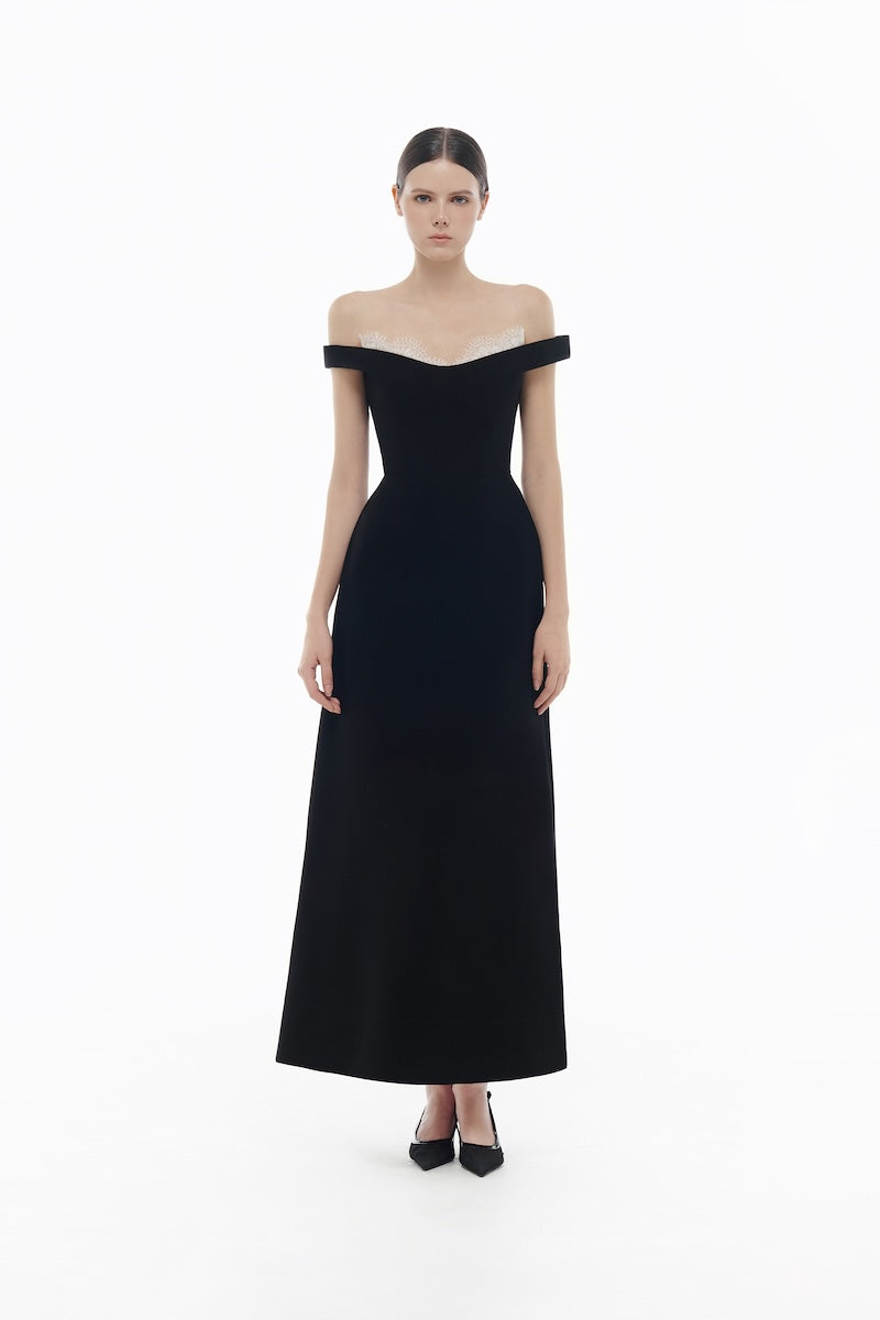 BLACK OFF SHOULDER LACE DETAIL MIDI DRESS