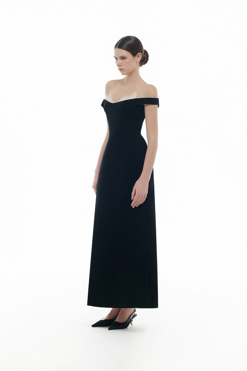 BLACK OFF SHOULDER LACE DETAIL MIDI DRESS