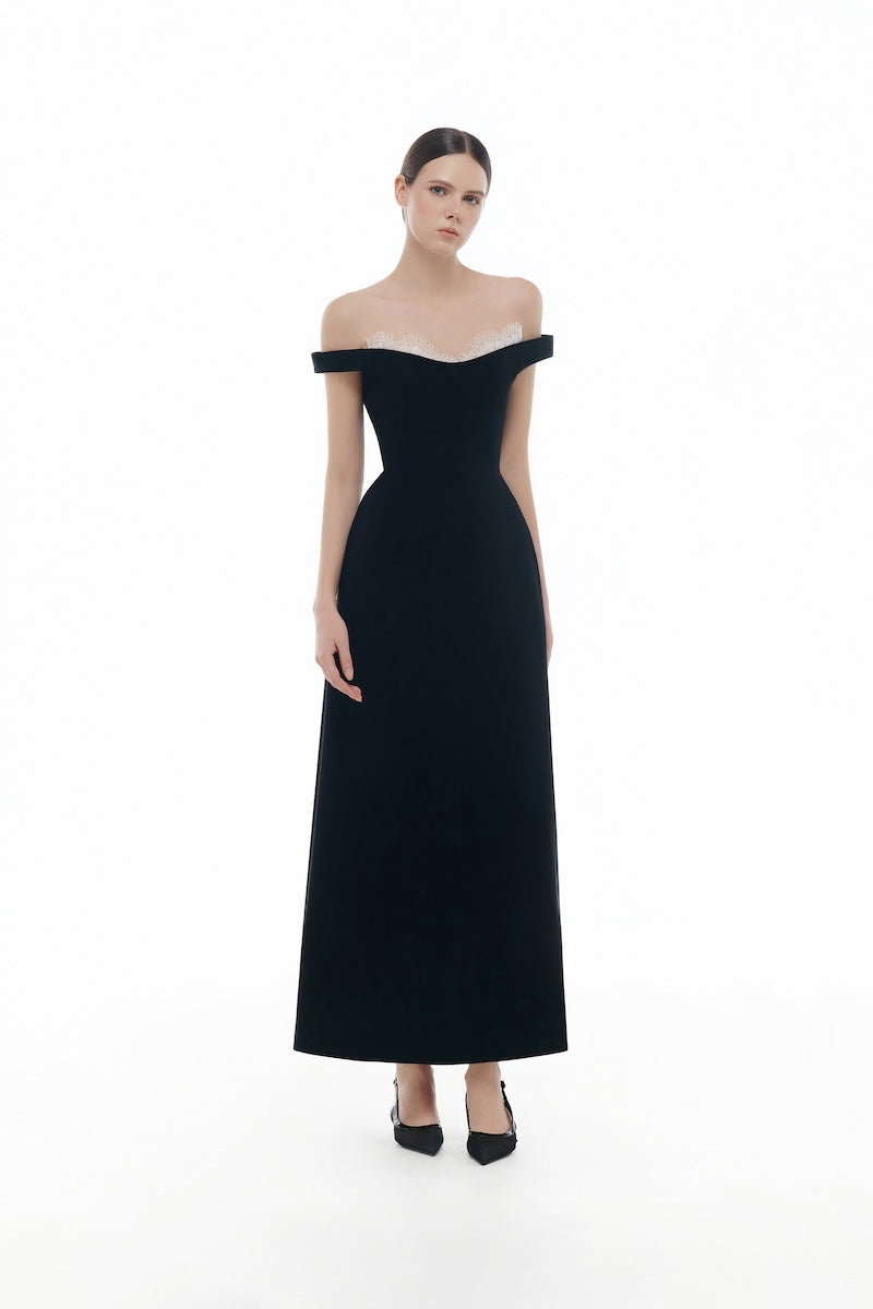 BLACK OFF SHOULDER LACE DETAIL MIDI DRESS