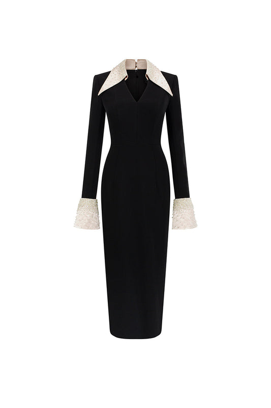 V-NECK FLARED CUFF KNEE LENGTH DRESS IN BLACK AND BEIGE