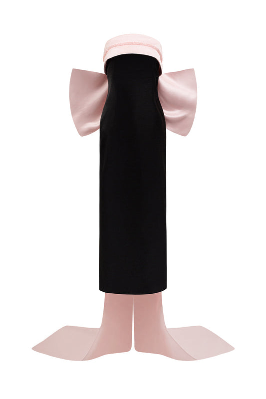 BUSTIER MIDI DRESS IN BLACK AND LIGHT PINK
