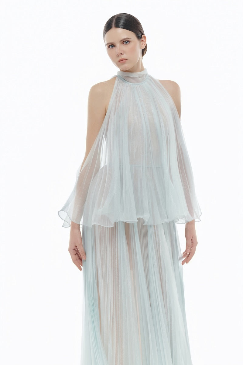 BLUE PLEATED MIDI DRESS