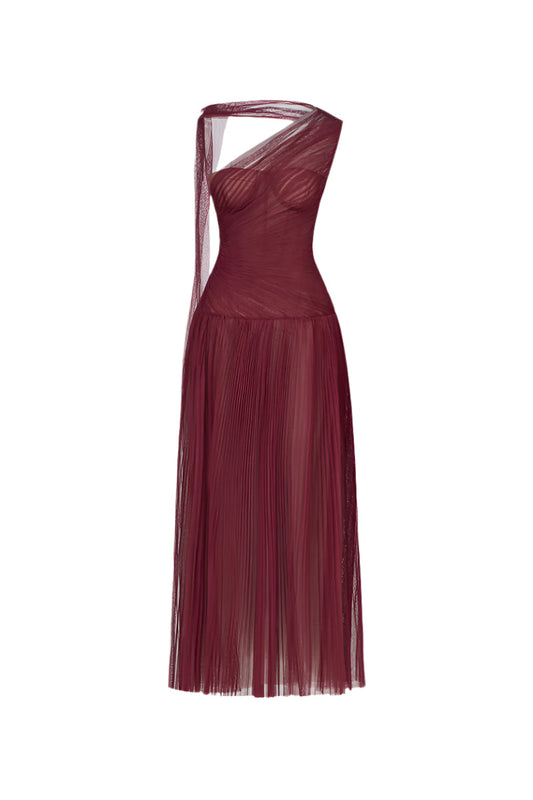 BORDEAUX DRAPED MIDI DRESS