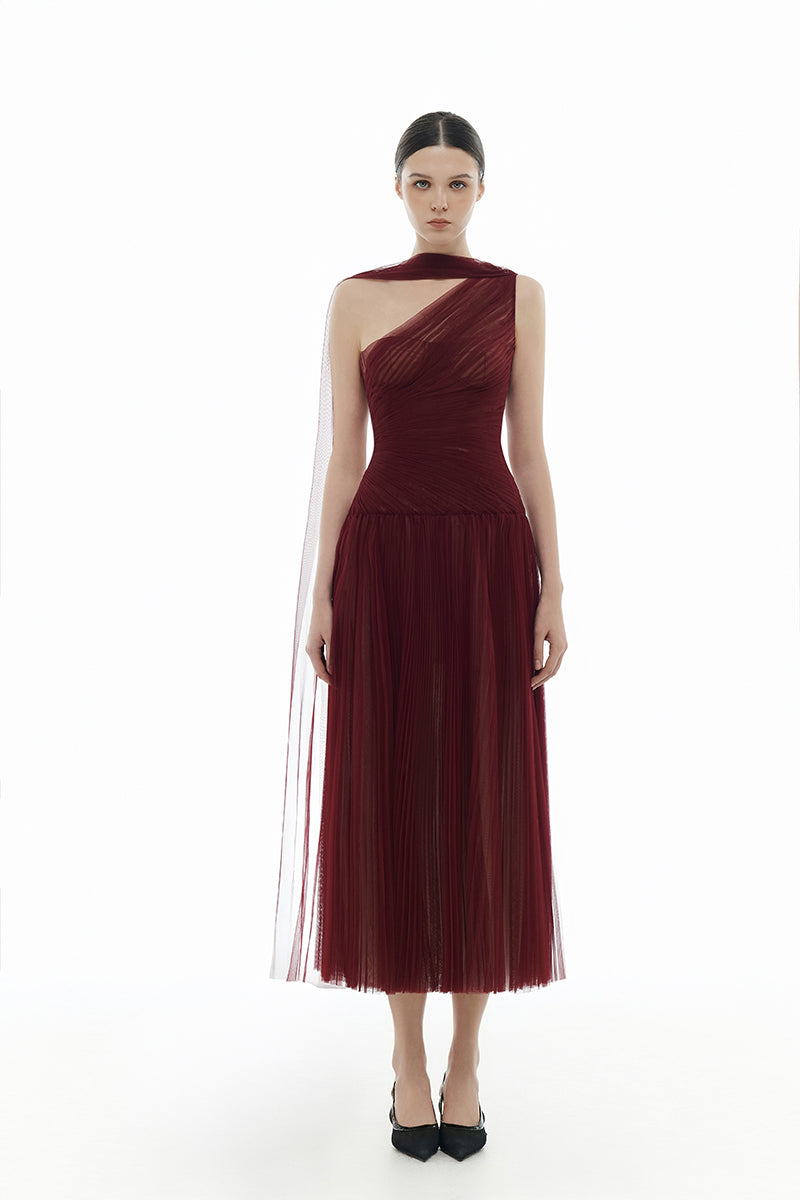 BORDEAUX DRAPED MIDI DRESS