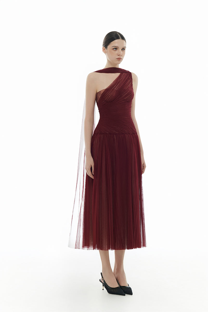 BORDEAUX DRAPED MIDI DRESS