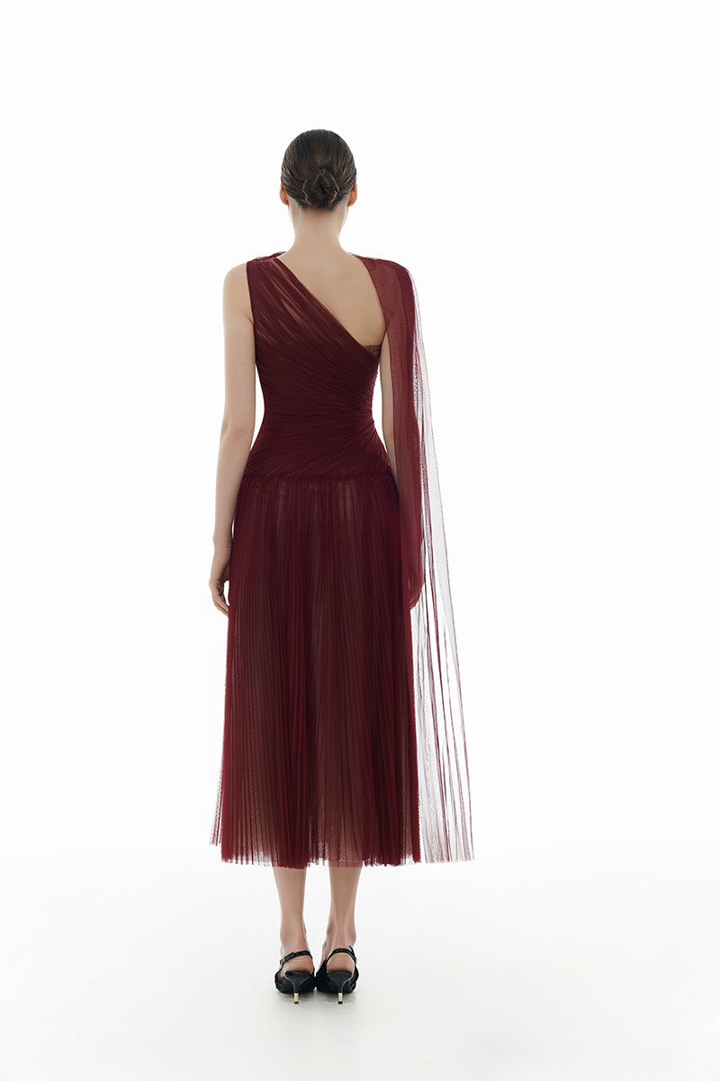 BORDEAUX DRAPED MIDI DRESS
