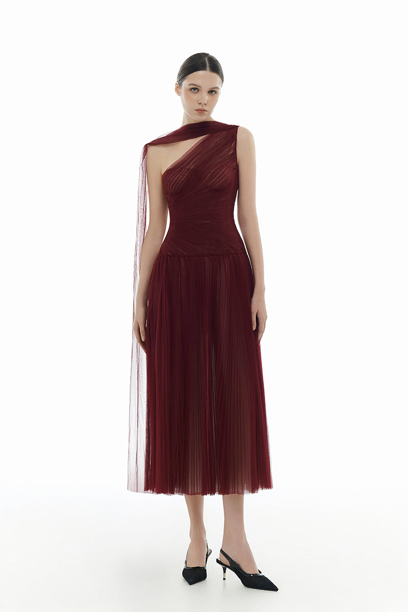 BORDEAUX DRAPED MIDI DRESS