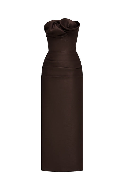 BROWN DRAPED TUBE MIDI DRESS