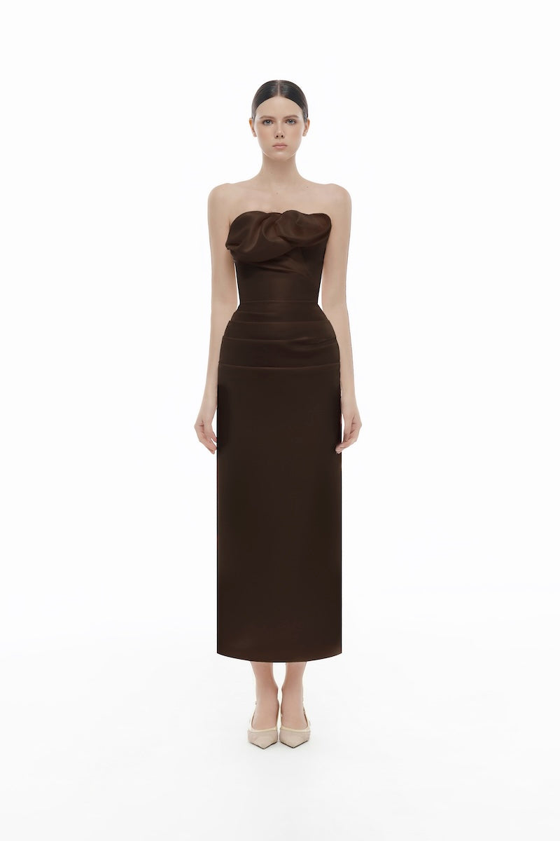 BROWN DRAPED TUBE MIDI DRESS