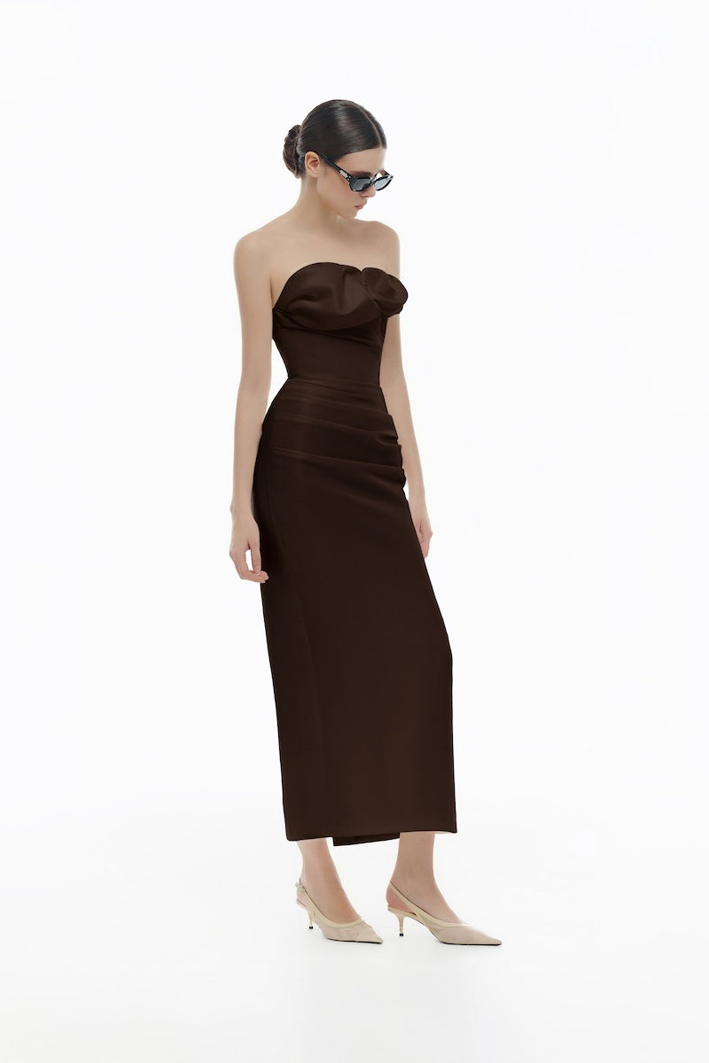 BROWN DRAPED TUBE MIDI DRESS