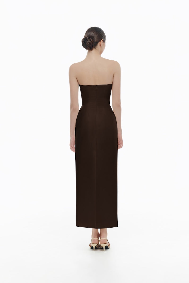 BROWN DRAPED TUBE MIDI DRESS