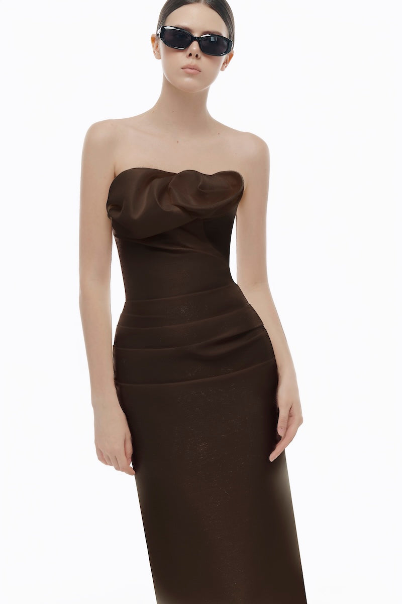 BROWN DRAPED TUBE MIDI DRESS