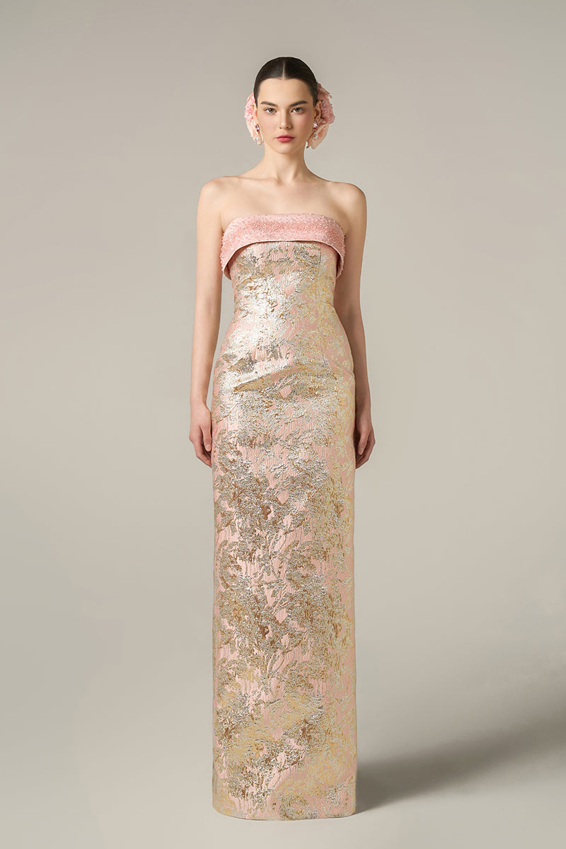 METALLIC JACQUARD AND SILK TAFFETA DRESS IN PINK