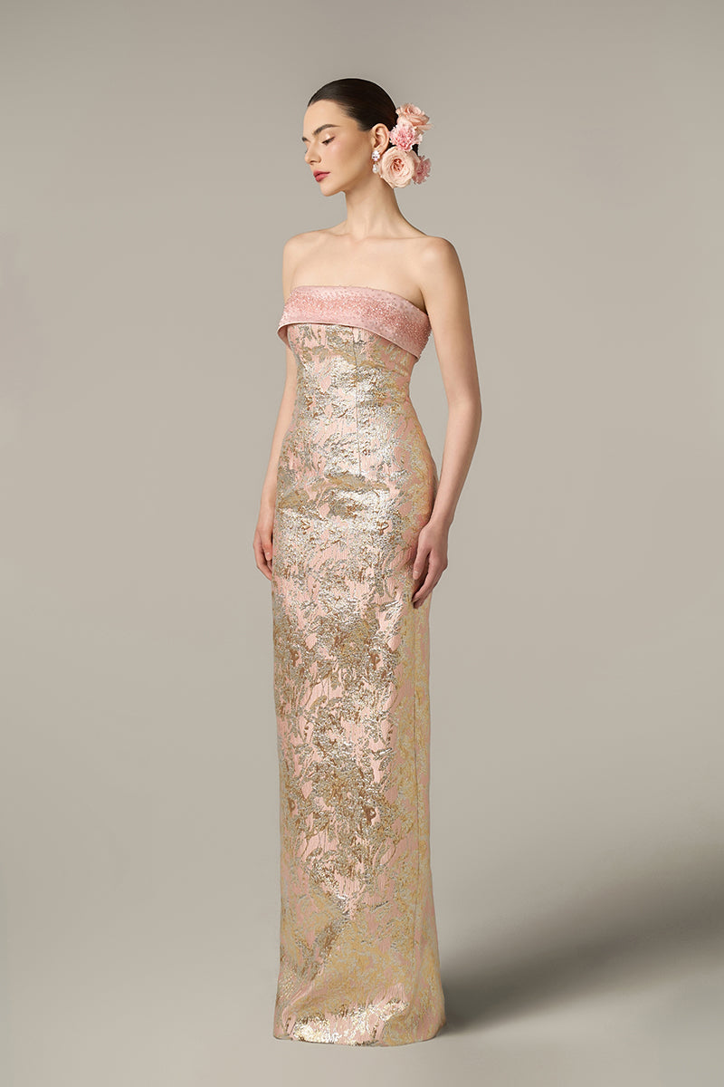 METALLIC JACQUARD AND SILK TAFFETA DRESS IN PINK
