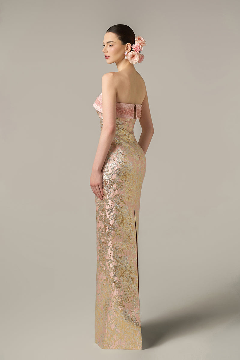 METALLIC JACQUARD AND SILK TAFFETA DRESS IN PINK