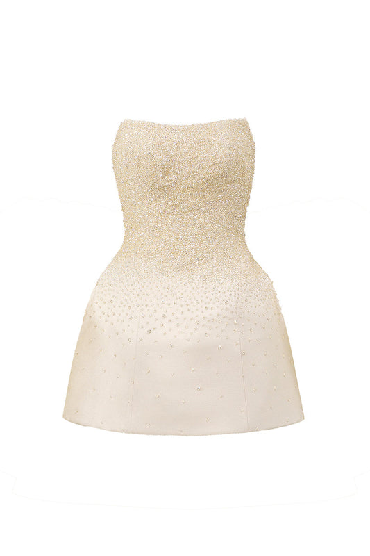BUSTIER BEADED MINI DRESS IN BEIGE
