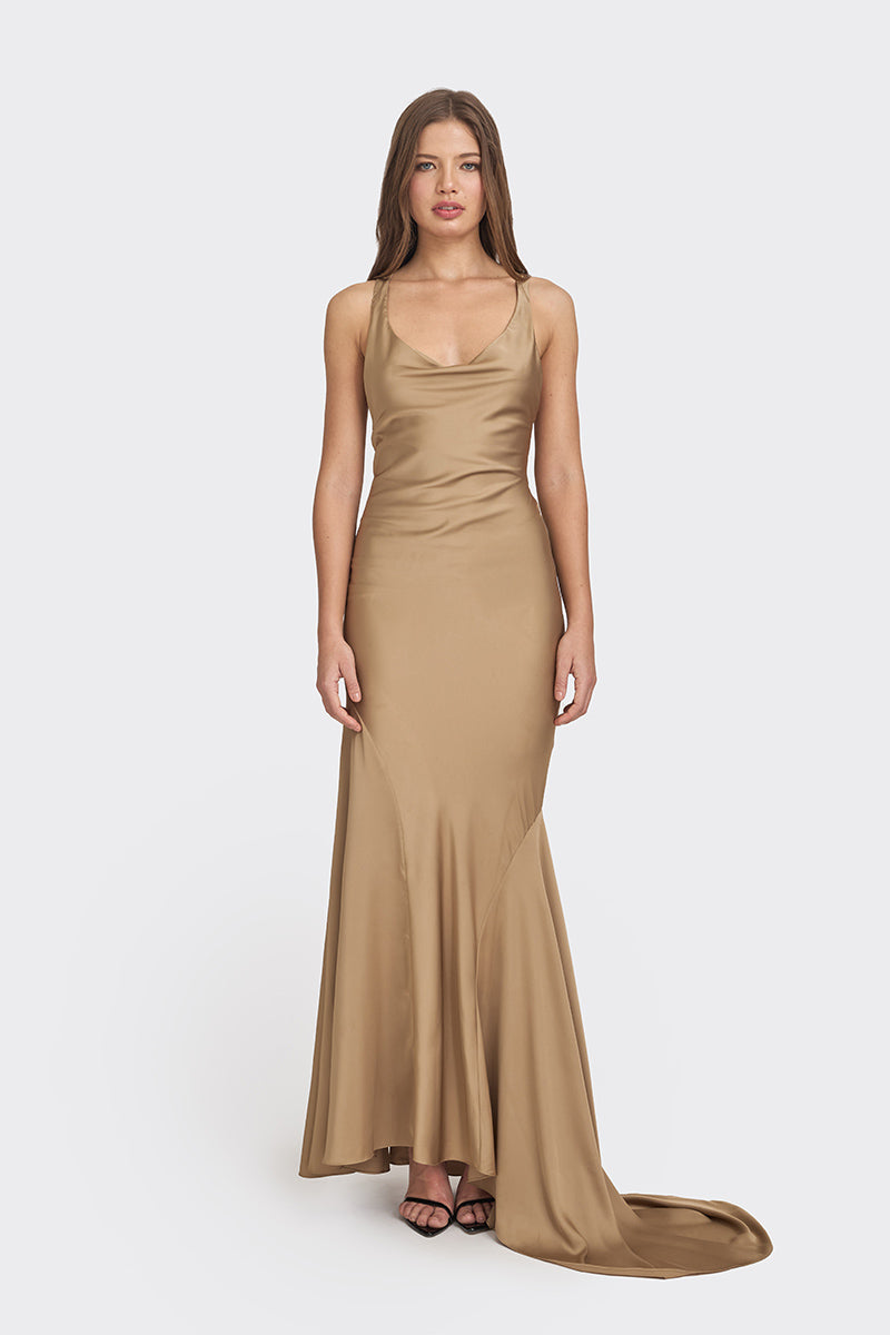CROSS-BACK GOWN IN TAN BROWN
