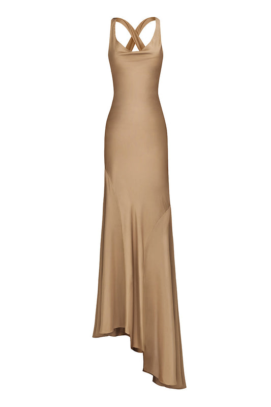 CROSS-BACK GOWN IN TAN BROWN
