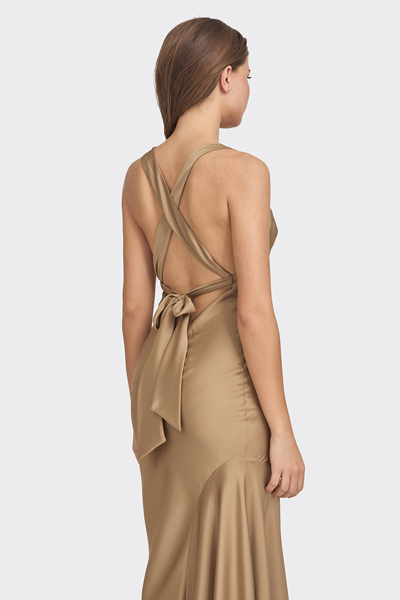 CROSS-BACK GOWN IN TAN BROWN