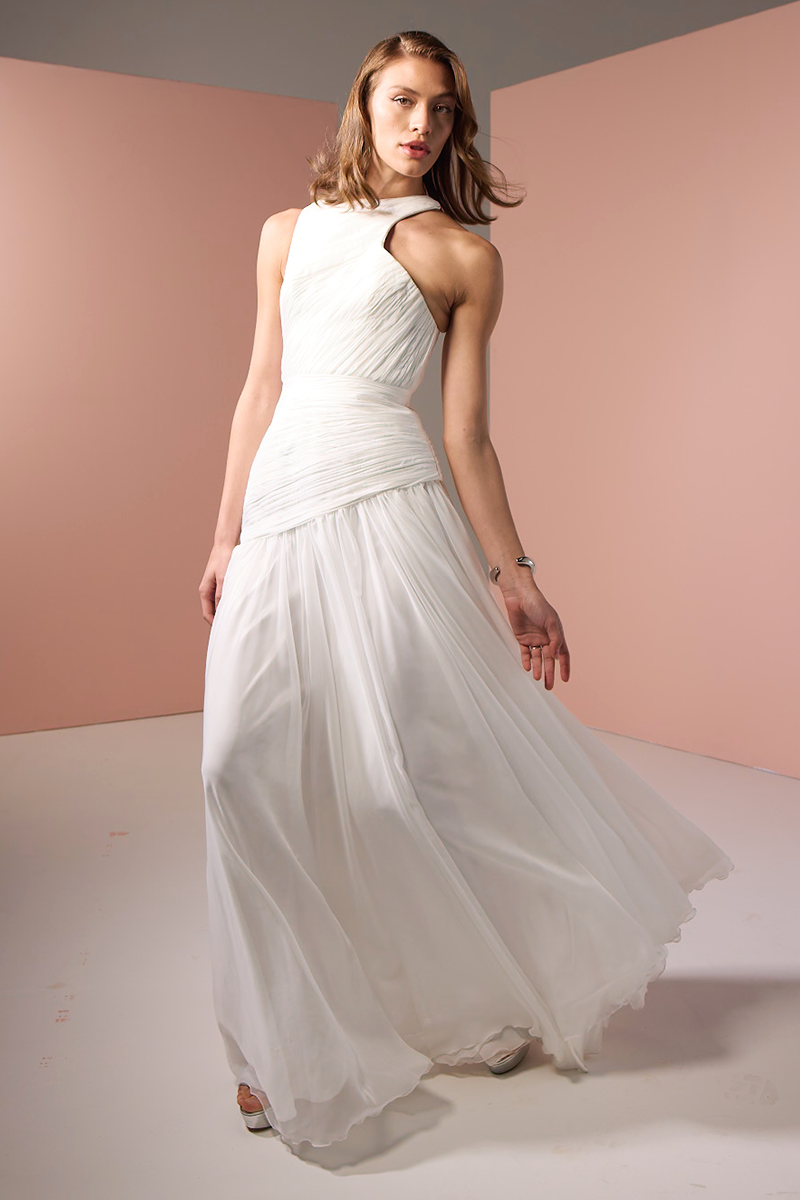 ASYMMETRICAL LOW WAISTLINE GOWN IN WHITE