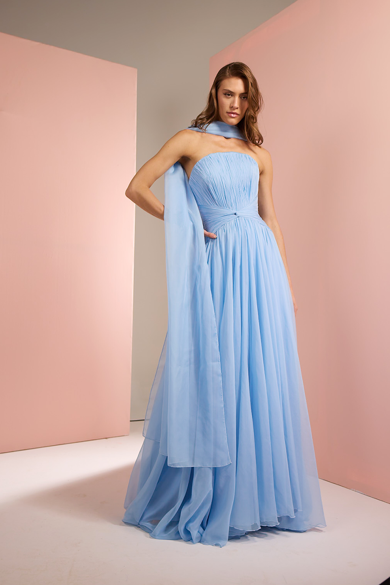 STRAPLESS GOWN WITH SCARF IN BABY BLUE
