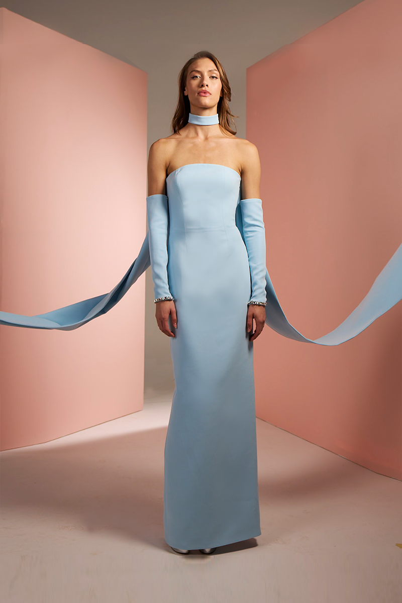 STRAPLESS CREPE TUBE DRESS IN BABY BLUE