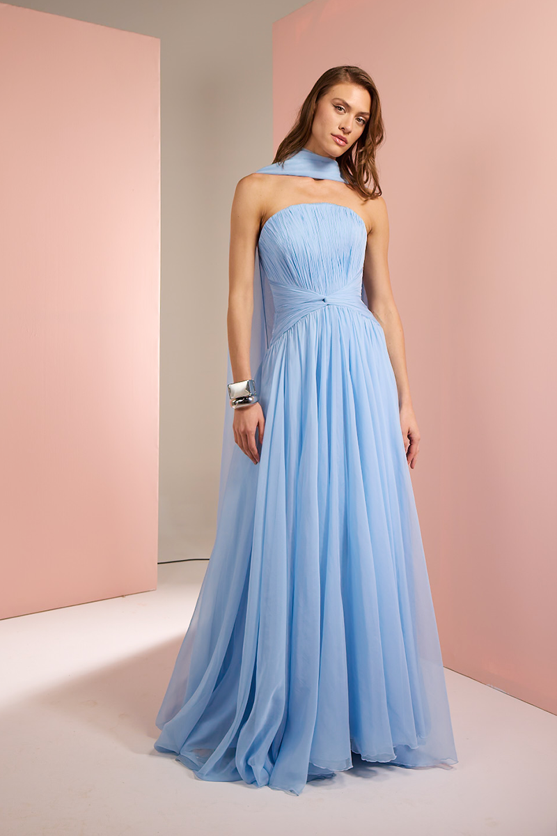 STRAPLESS GOWN WITH SCARF IN BABY BLUE
