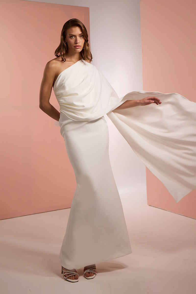 CREPE DRESS WITH SCARF IN WHITE