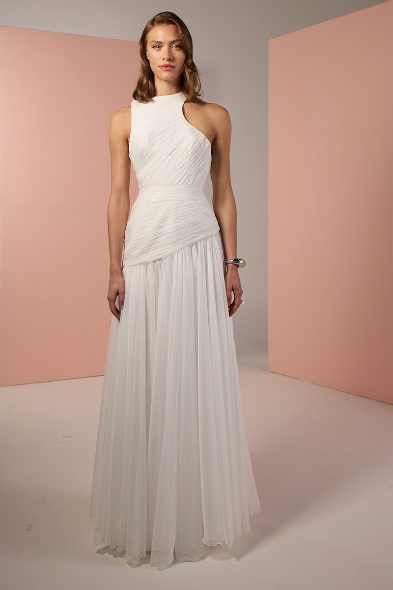 ASYMMETRICAL LOW WAISTLINE GOWN IN WHITE