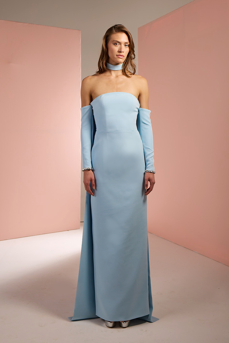 STRAPLESS CREPE TUBE DRESS IN BABY BLUE
