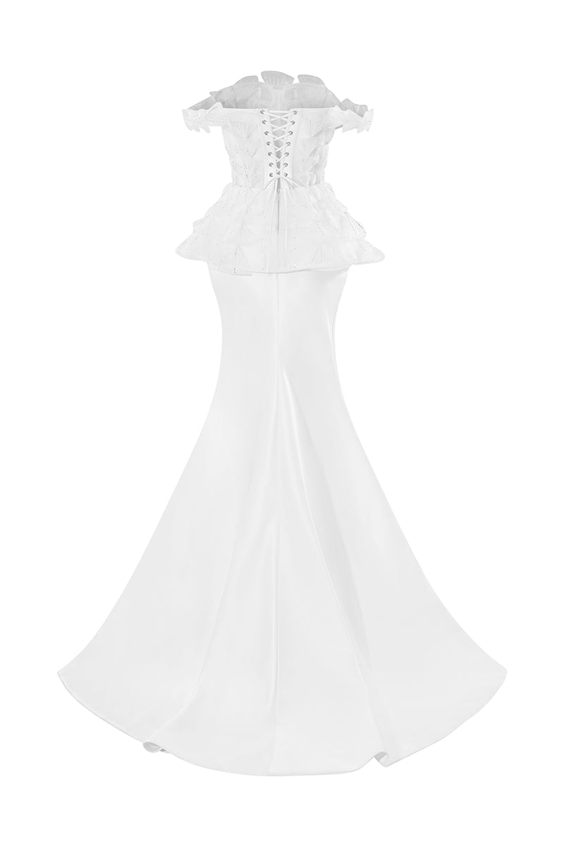 OFF-SHOULDER PEPLUM TRUMPET DRESS IN WHITE