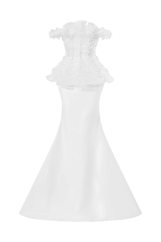 OFF-SHOULDER PEPLUM TRUMPET DRESS IN WHITE