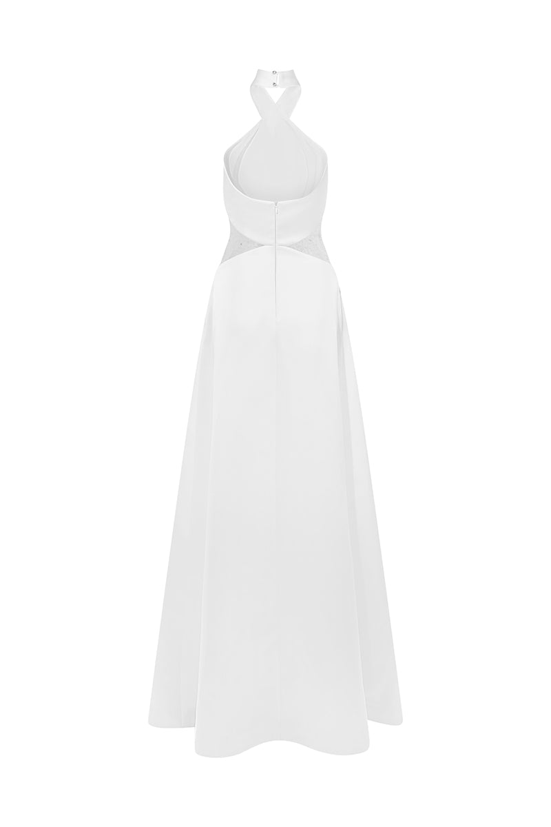 HALTERNECK A-LINE DRESS WITH CUTOUT MIDWAIST