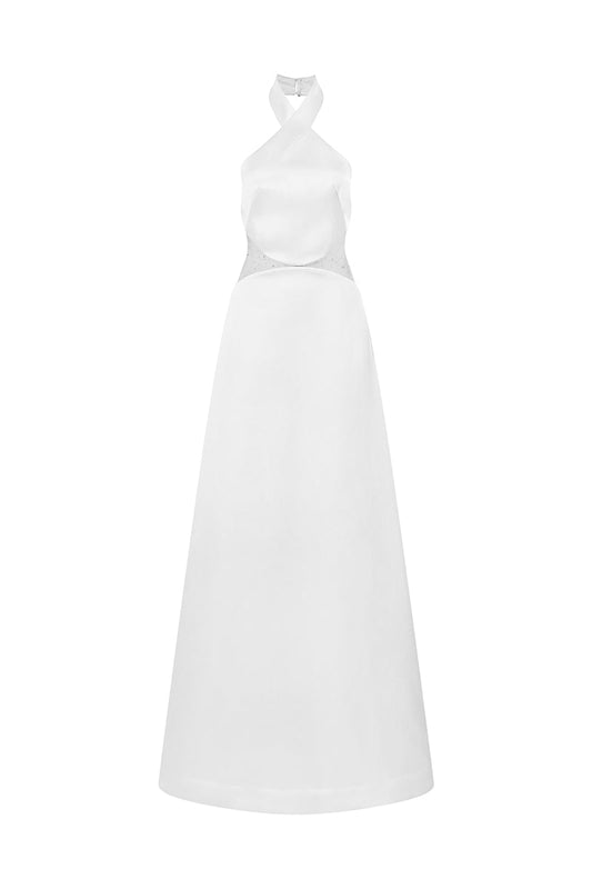 HALTERNECK A-LINE DRESS WITH CUTOUT MIDWAIST
