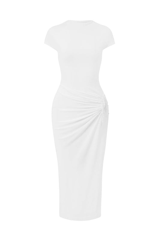 IVORY RUCHE WHITE MIDI DRESS