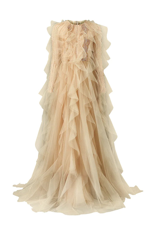 ETHEREAL RUFFLED TULLE GOWN WITH BEADED ELEGANCE