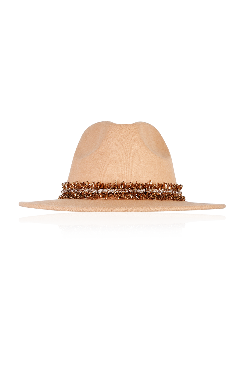 GOLD FEATHER HAT IN BROWN