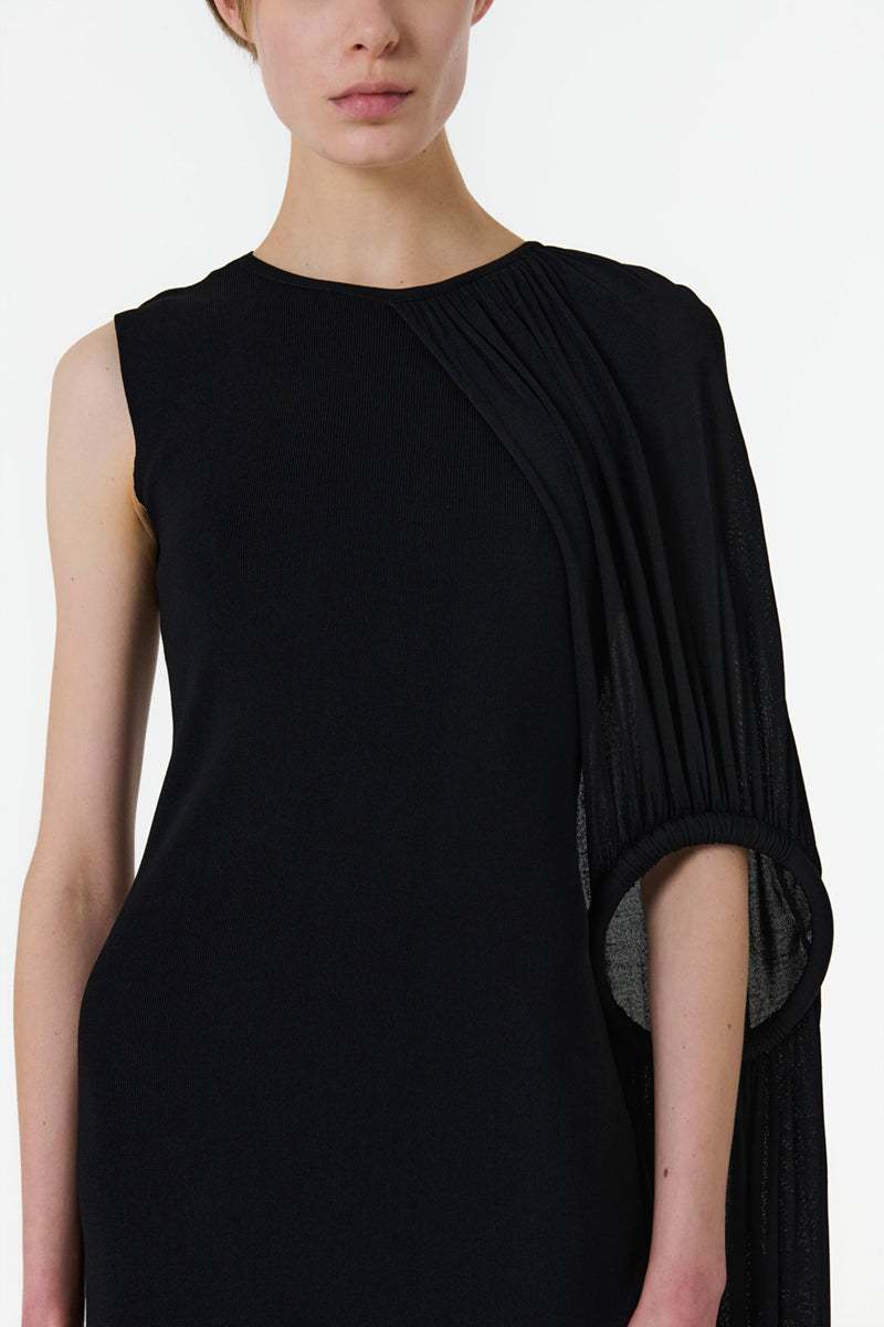 ASYMMETRIC SHOULDER HOOP KNIT DRESS IN BLACK