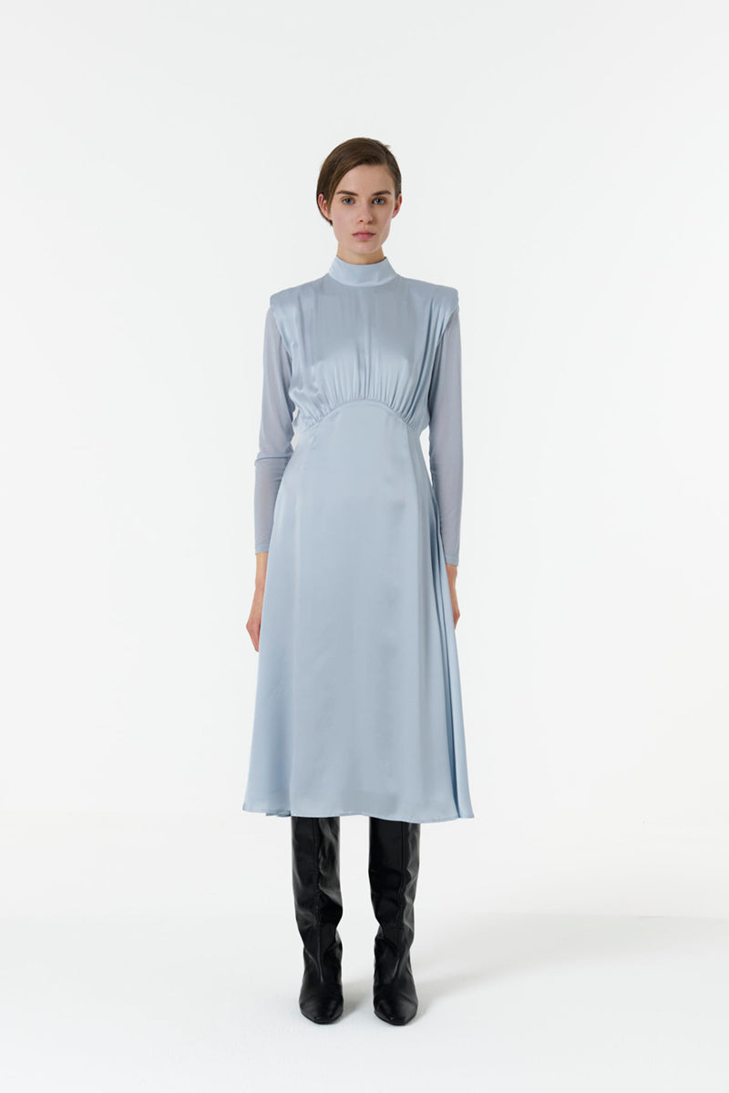 HIGH-NECK SILK DRESS IN BLUE