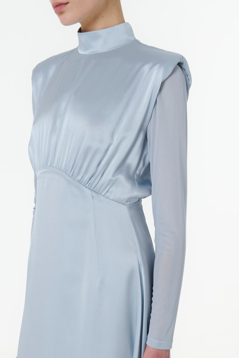 HIGH-NECK SILK DRESS IN BLUE