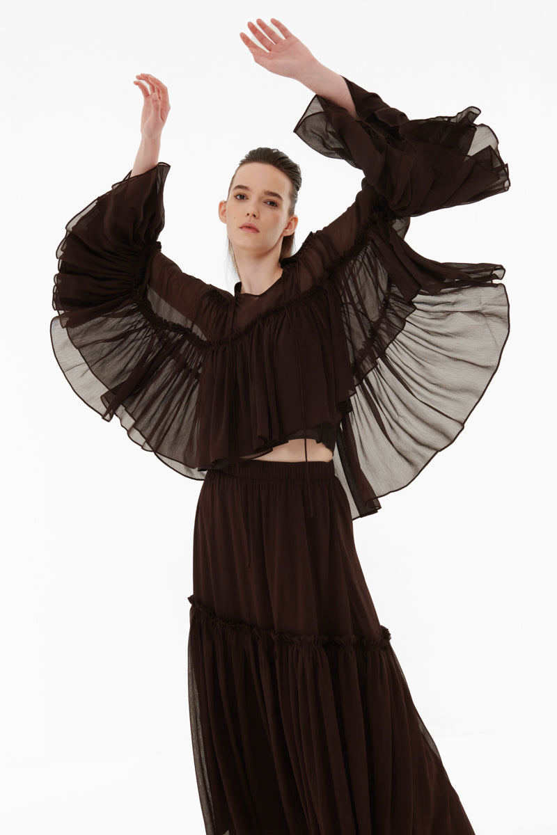 TIERED CHIFFON SKIRT IN DARK BROWN