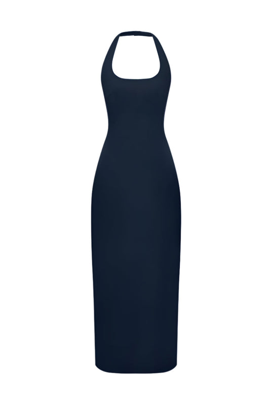 HALTER NECK TWO SIDED LEATHER DRESS IN NAVY-BLUE