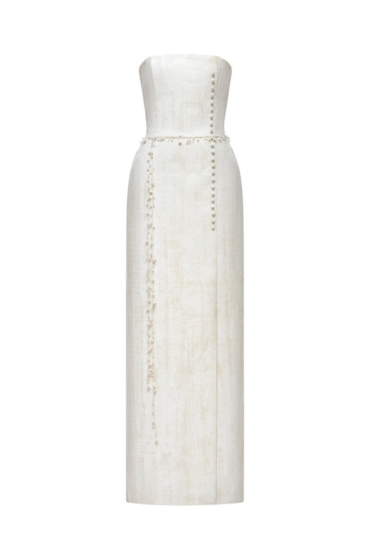 IVORY BROCADE STRAPLESS DRESS