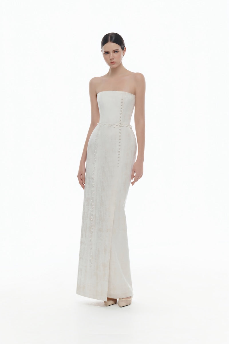 IVORY BROCADE STRAPLESS DRESS