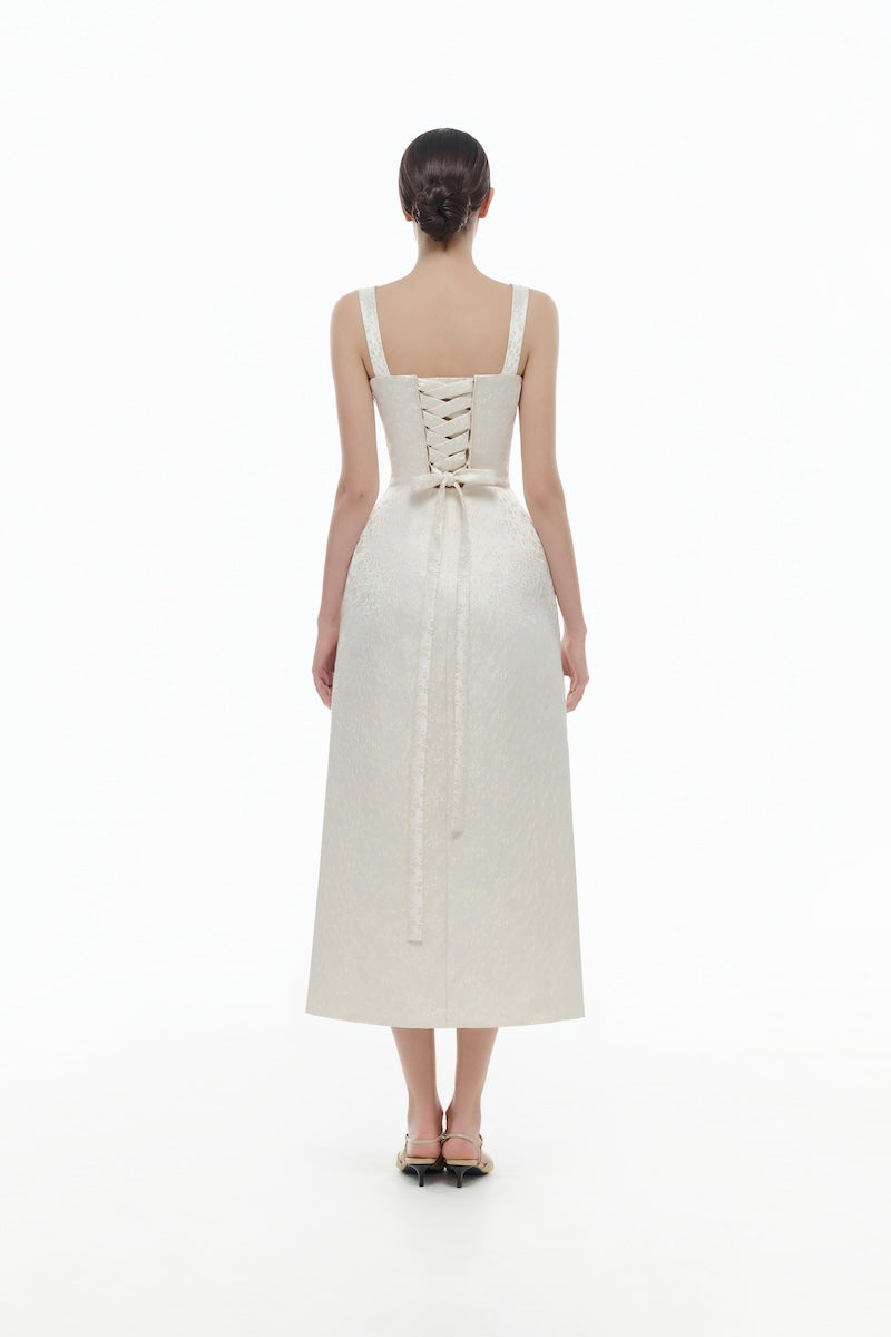 IVORY FLORAL BUSTIER MIDI DRESS