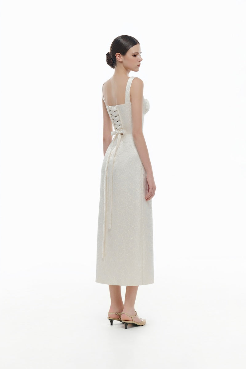 IVORY FLORAL BUSTIER MIDI DRESS