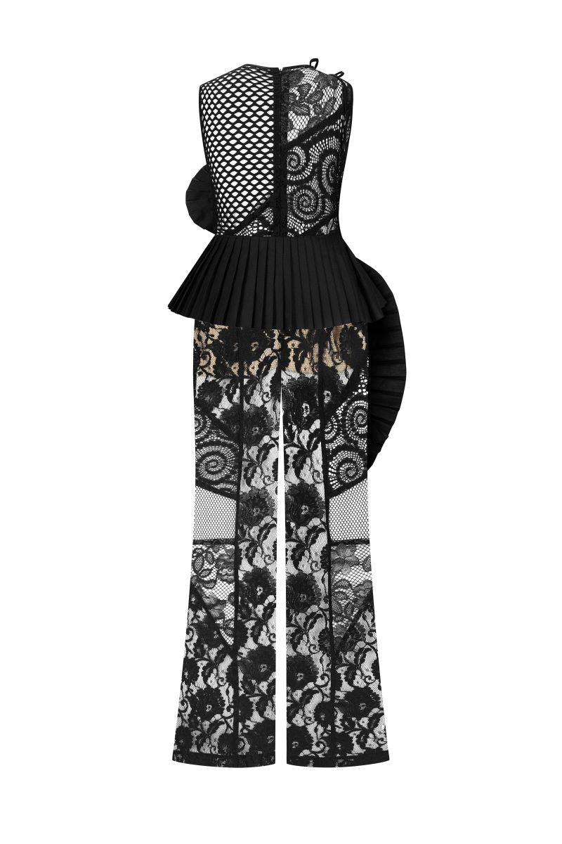 SLEEVELESS LACE MESH FLARED JUMPSUIT