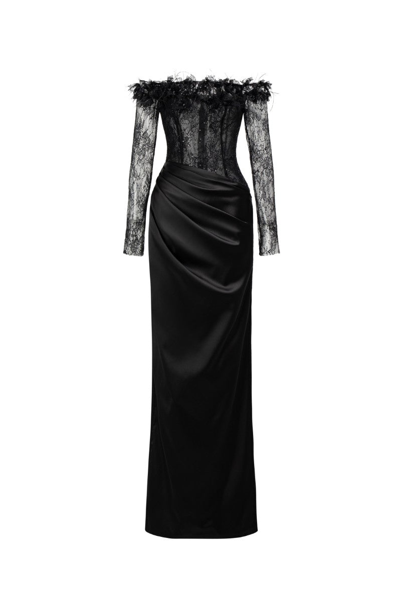 NAMLA LACE AND SILK SATIN DRESS IN BLACK