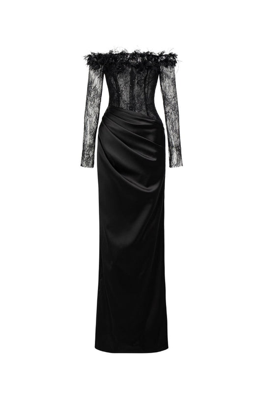 NAMLA LACE AND SILK SATIN DRESS IN BLACK
